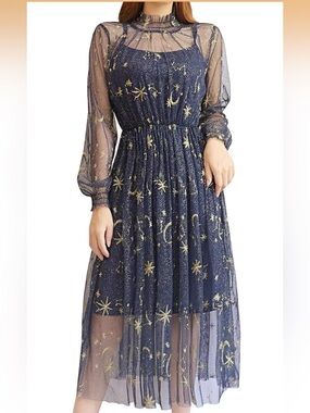 Youmu Navy Sheer Mesh Midi Dress with Gold Celestial Embroidery